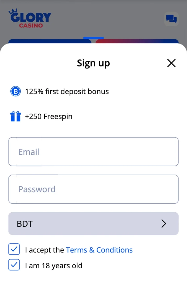 Complete the account registration process at Glory Casino গৌরব ক্যাসিনো.