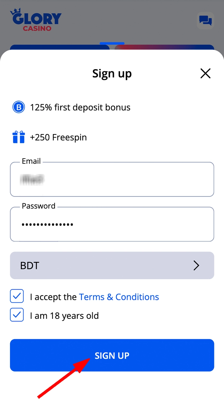 Confirm your information and complete your registration at Glory Casino গৌরব ক্যাসিনো.