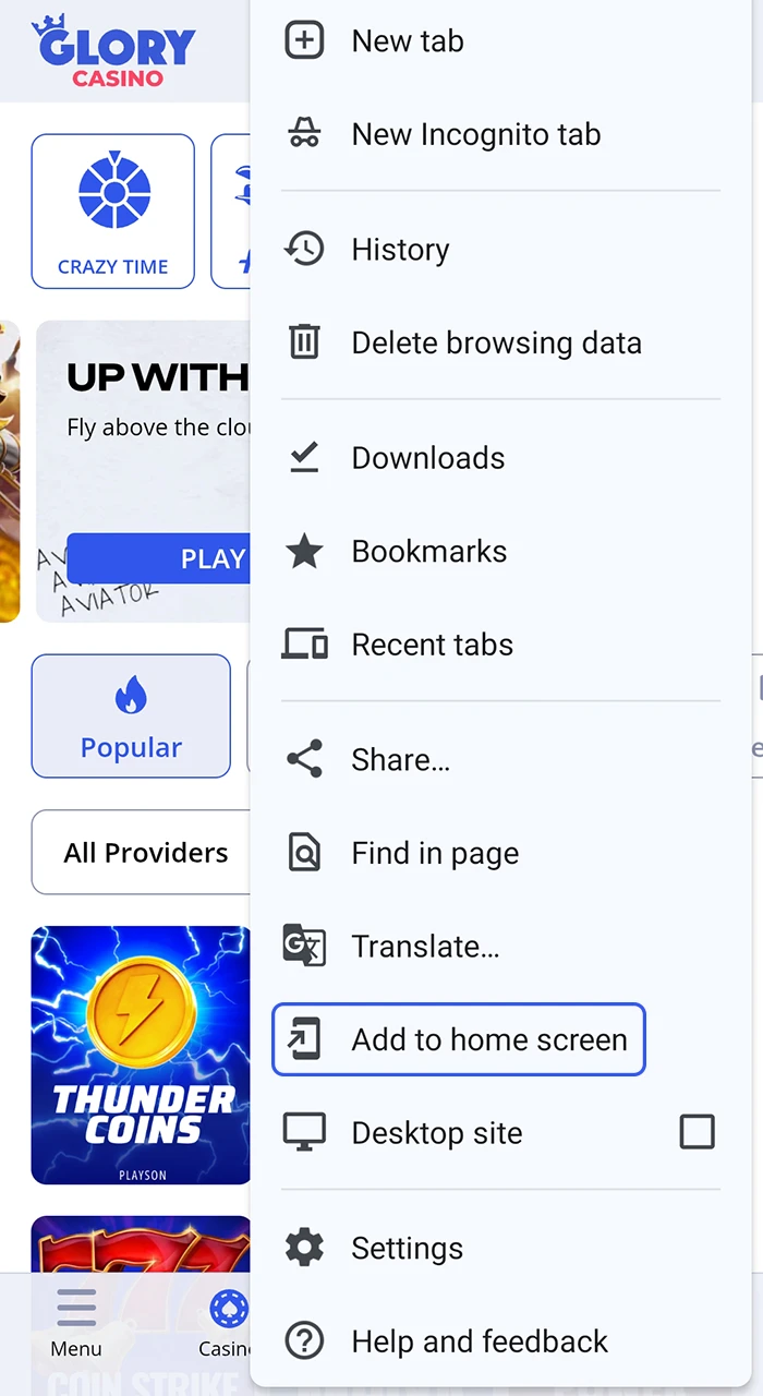 Open the browser menu to proceed with the installation of the Glory Casino গৌরব ক্যাসিনো app.